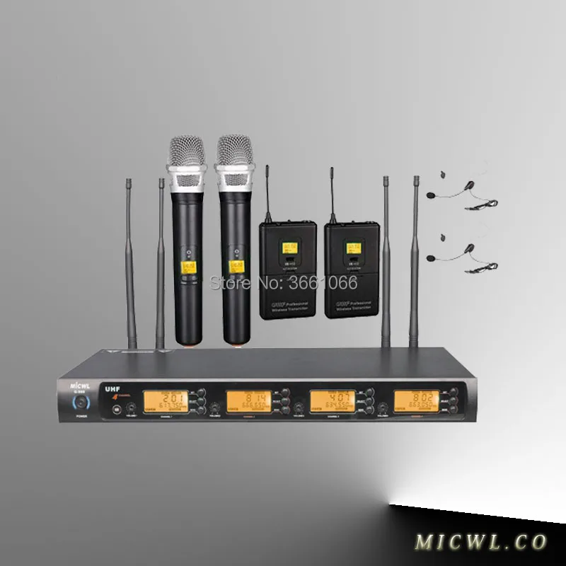 Micwl. قناة الصوت uhf ميكروفون لاسلكي نظام G900 المهنية 4x100 (bodypack الارسال مع سماعة الأسود)