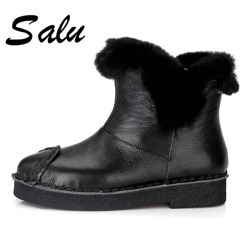 

Salu 2019 new fashion autumn winter Genuine leather snow boots warm plush ankle boots flat slip on fashion shoes ladies women
