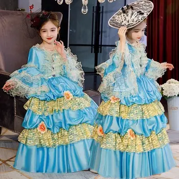 

luxury children girl light blue ruffle lace court long gown princess dress studio stage performance fairy cosplay wonderland
