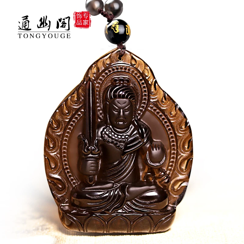 

Light ice Obsidian pendant and Fudo Bodhisattva Zodiac year of fate Rooster natal Buddha.