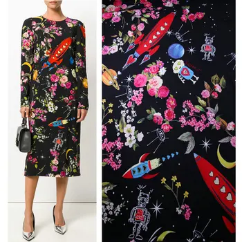 

170X145cm Fashion Week Located Galaxy Spacecraft Robots Flowers Black Polyester Fabric for Woman Girl Dresses Sewing DIY