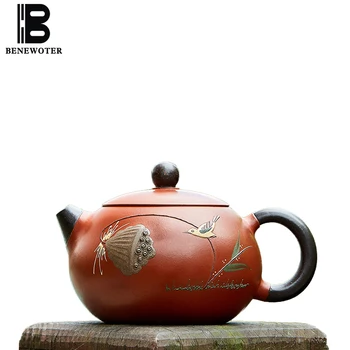 

210cc Yixing Purple Clay Xishi Teapot for Home Drinkware Raw Ore Lotus Pattern Zhu Mud Zisha Pot Tea Ceremony Black Tea Kettles