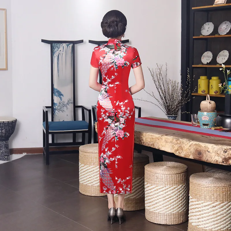 Sexy Purple Women Satin Daily Casual Dress Summer New Long Qipao Print Flower Chinese Cheongsam Size S M L XL XXL 3XL 0162