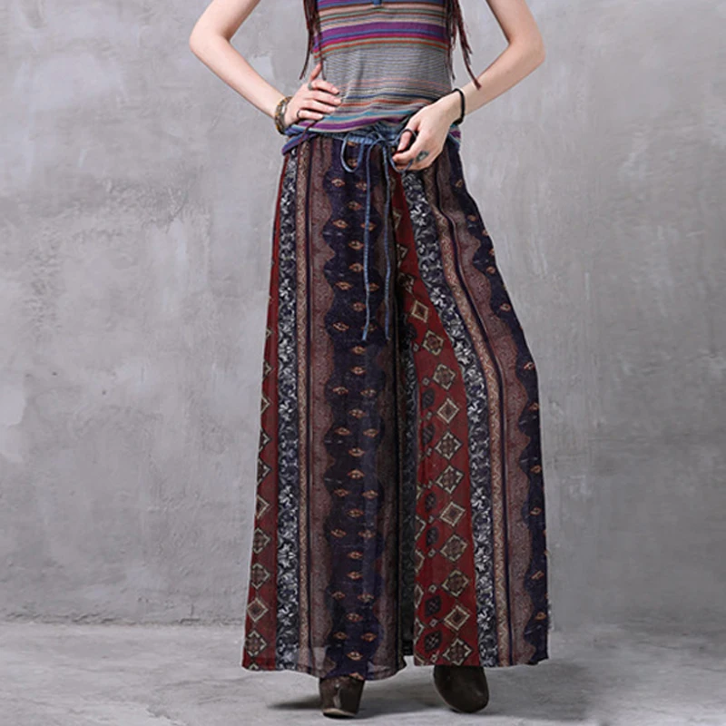 Women Vintage Pants 2017 Summer Elegant Loose Flower Printed Chiffon