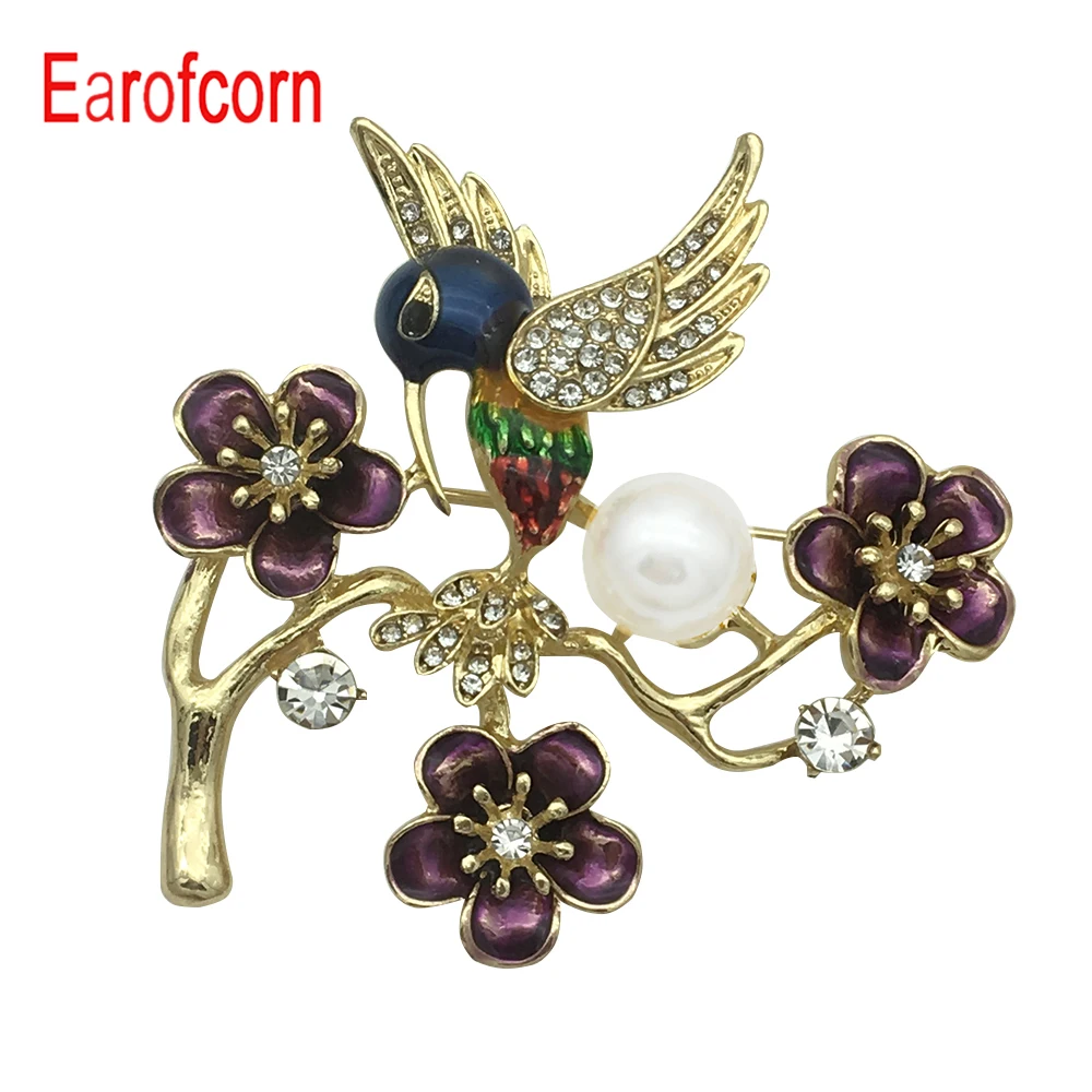 Earofcorn New Drip Oil Enameled Rhinestone Alloy Plum Magpie Forest Small Bird Pearl Brooches Clothing Accessories | Украшения и