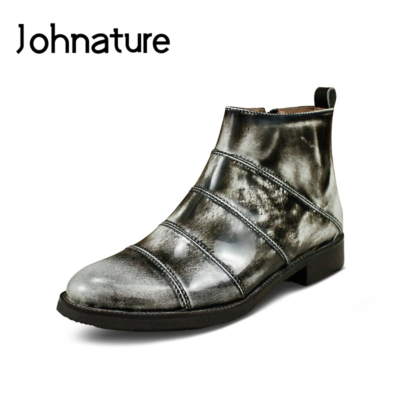 

Johnature 2019 New Genuine Leather Handmade Retro Casual Round Toe Equestrian Solid Sewing Ankle Boots For Women Winter