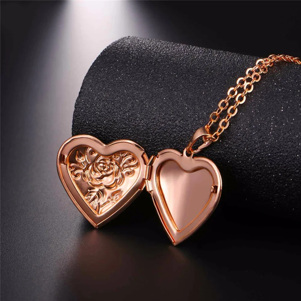 U7 Heart Necklace Pendant Photo Locket Frame Memory Jewelry Rolo Chain 22