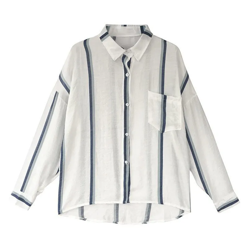 

Women Blouses Fashion Striped Print Long Sleeve Women Shirts Ladies Blouses Plus Size Summer Sunscreen Casual Tops Blusas