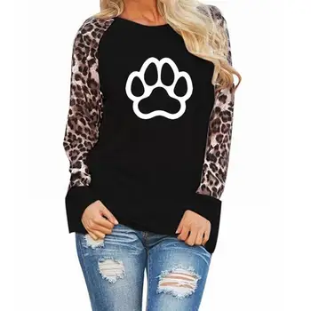 

New Fashion Cat Dog Paw Animal Print T-Shirt for Women Leopard Print Long Sleeve T-Shirt Top T-Shirt Women Femme Cute Summer