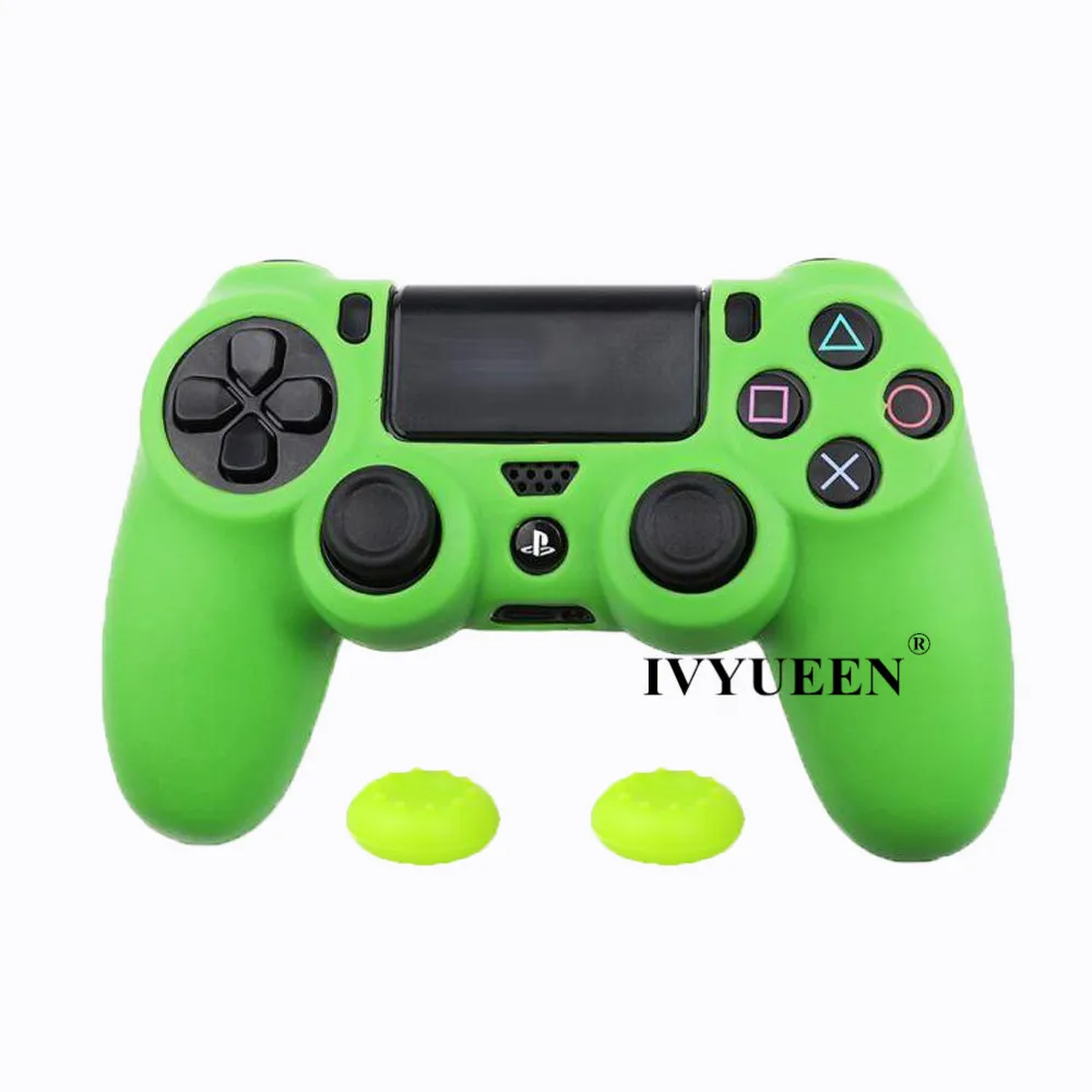 Мягкий силиконовый резиновый чехол IVYUEEN для sony playstation Dualshock 4 PS4 DS4 Pro, тонкий контроллер, кожный чехол+ 2 ручки для большого пальца - Цвет: Зеленый