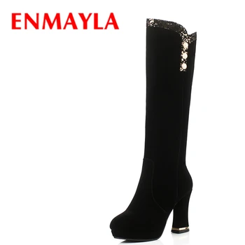 

ENMAYLA Winter High Heels Platform Boots Women Black Flock Shoes Woman Gold Bling Button Winter Long Boots