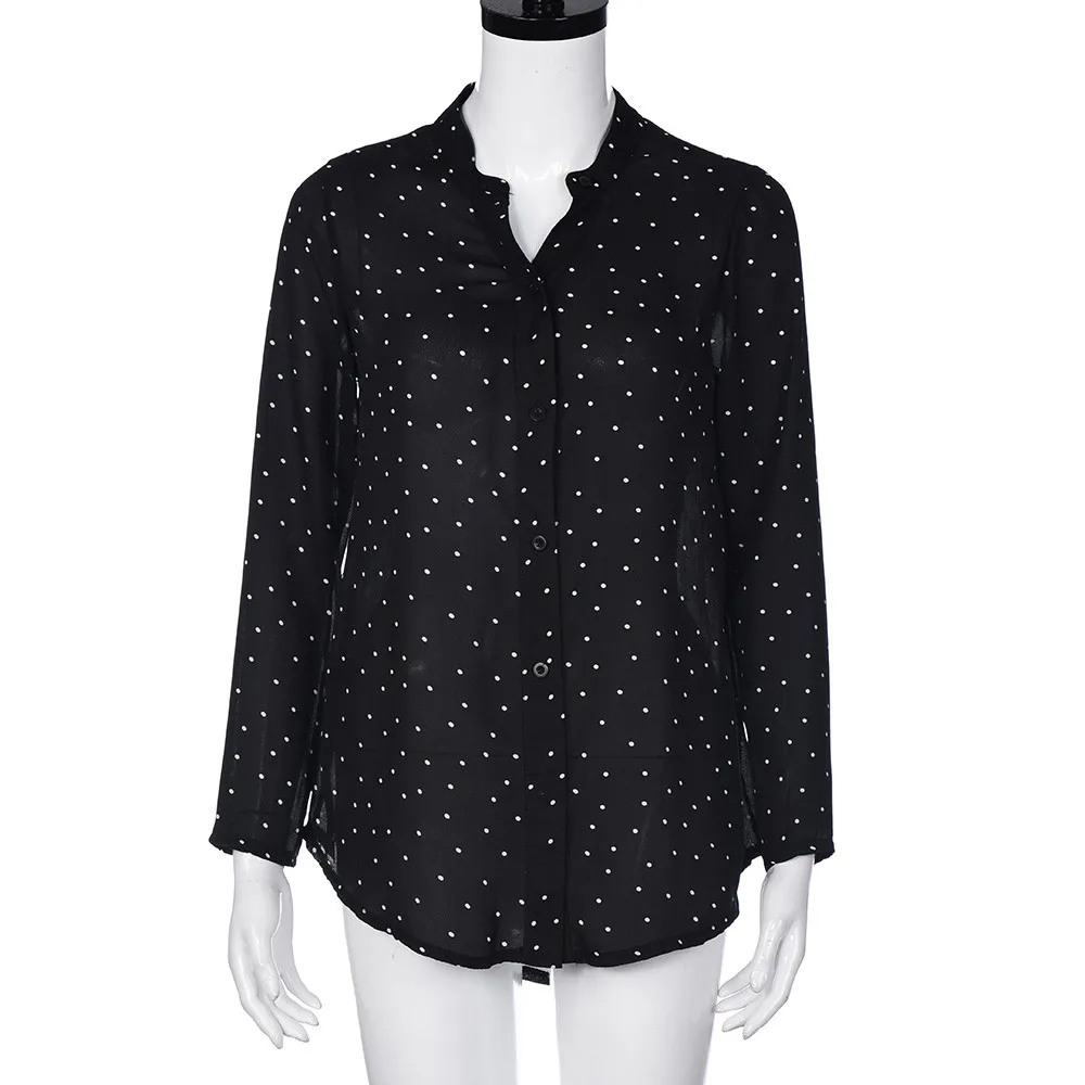 Свободная Женская рубашка в горошек с длинным рукавом, Женская Повседневная шифоновая рубашка в горошек, винтажная шифоновая Ретро рубашка с длинным рукавом C1435 - Цвет: Черный