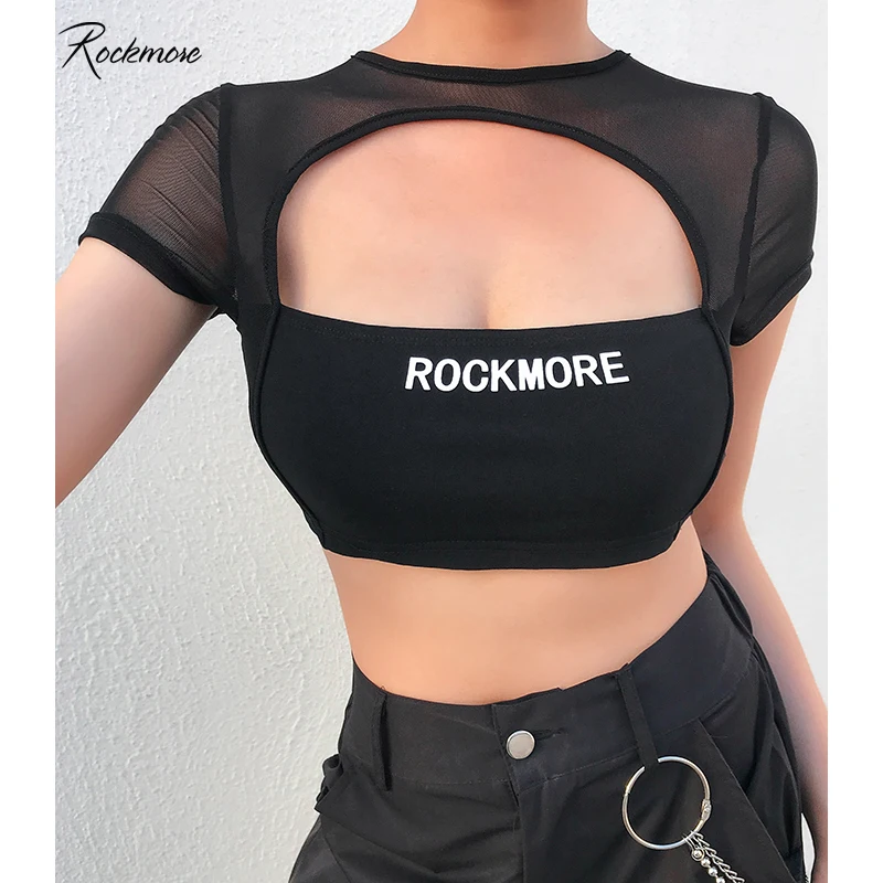 

Rockmore Black Gothic Letter Print Mesh T-shirt Women Bodycon Hollow Out See Through T Shirts Femme Streetwear Crop Tops Tees