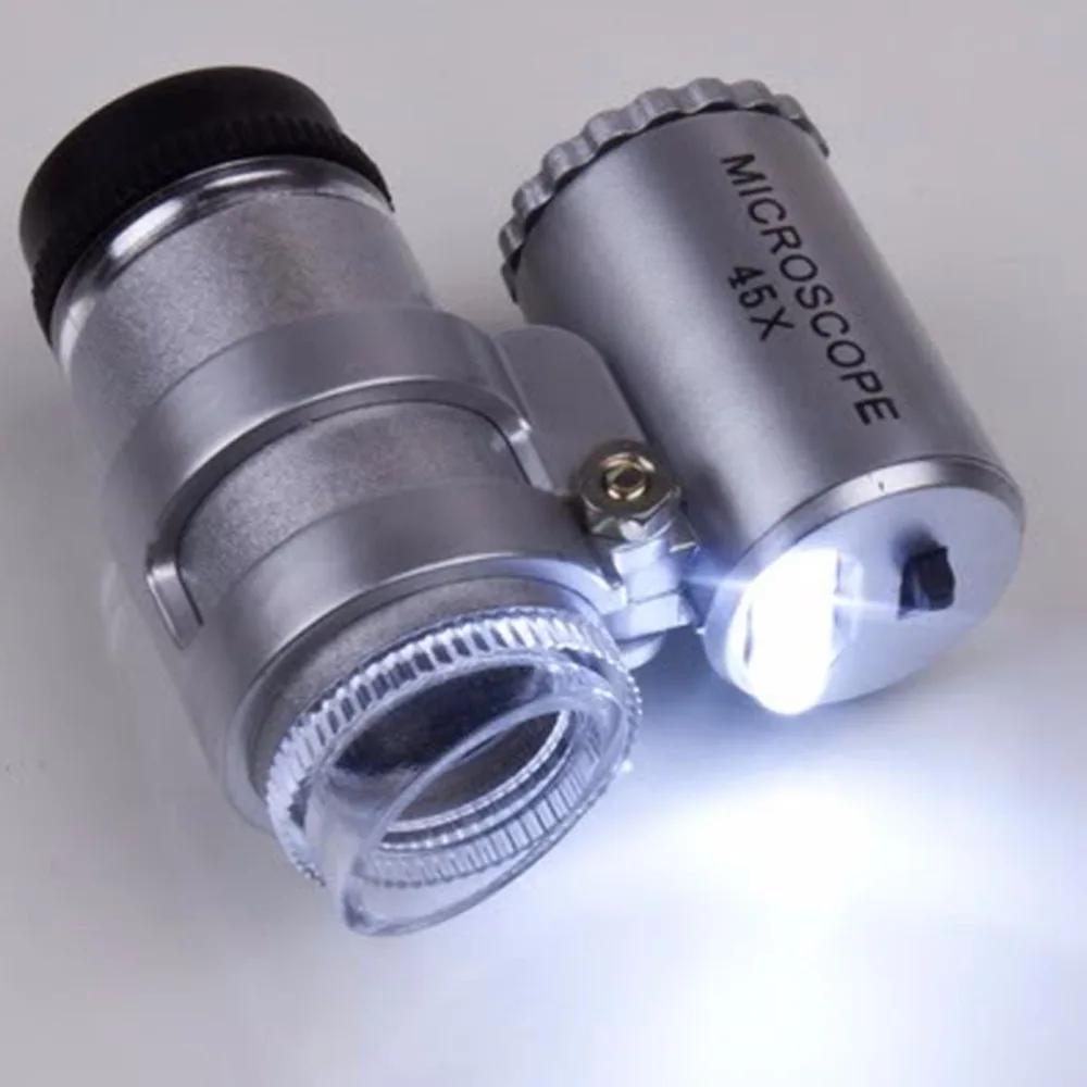 Silver Portable 45X 2 LED Pocket Mini font b Microscope b font Magnifier Jeweler Loupes Glass