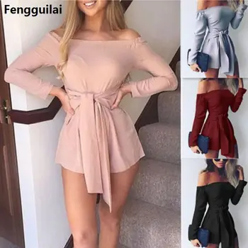 

New Women Slash Neck Off Shoulder Clubwear Summer Playsuit High Waist Lace -Up Bodycon Party Jumpsuit Romper Trouser Short Pant