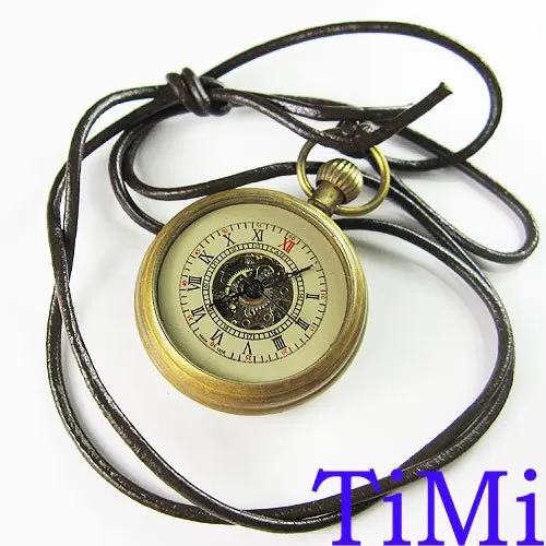 Горячая Хорошее античная латунь Малый карманные часы+ кожаный цепи