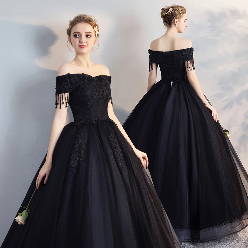 Vestido de Noiva Свадебные платья принцессы с кружевными цветами, бальное платье, черное свадебное платье с v-образным вырезом, свадебное платье