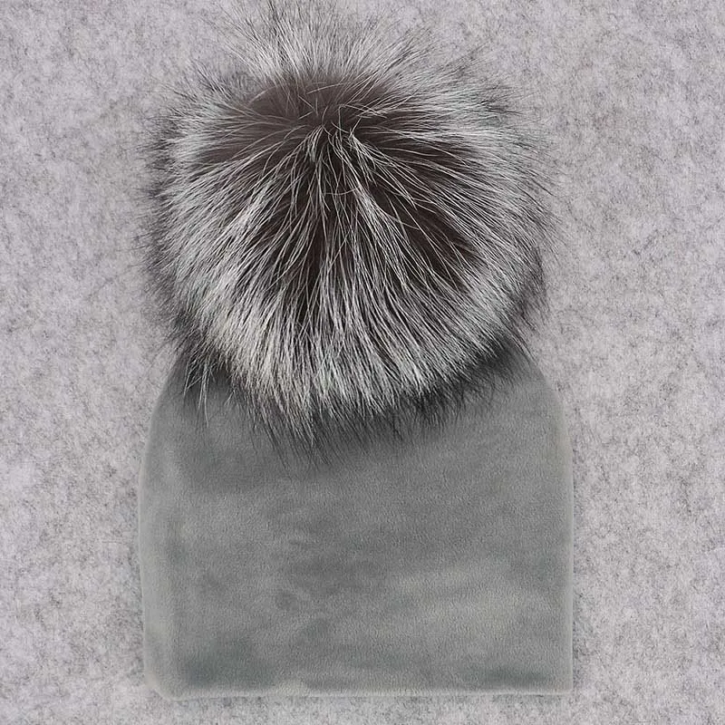 GZHILOVINGL Real Fur Pom Pom Baby Girls Boys Hat Warm Winter Knitted Velvet Hat Toddler Kids Soft Thick Flannel Beanies Pompoms - Цвет: gray No25