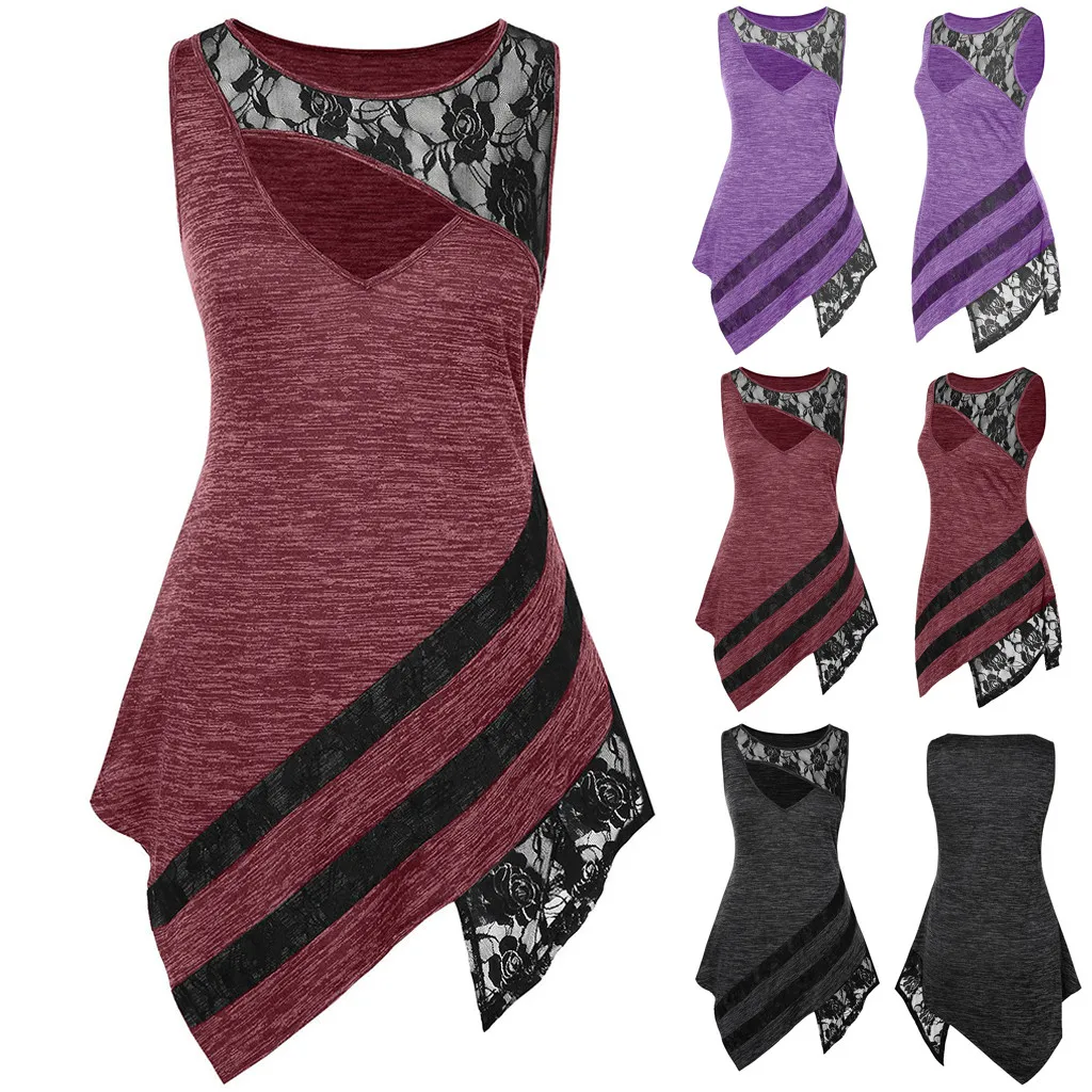 

Sleeveless Sleeveless casual t shirt women plus size Lace women's clothing summer 2019 Insert Cut Out Top T-Shirt #G8+1