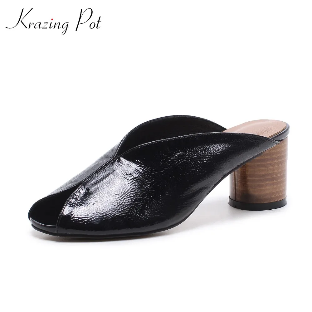 Krazing pot hot new arrival cow leather summer peep toe shoes slip on med heels vocation mules shallow round toe women pumps L90 Krazing pot hot new arrival cow leather summer peep toe shoes slip on med heels vocation mules shallow round toe women pumps L90