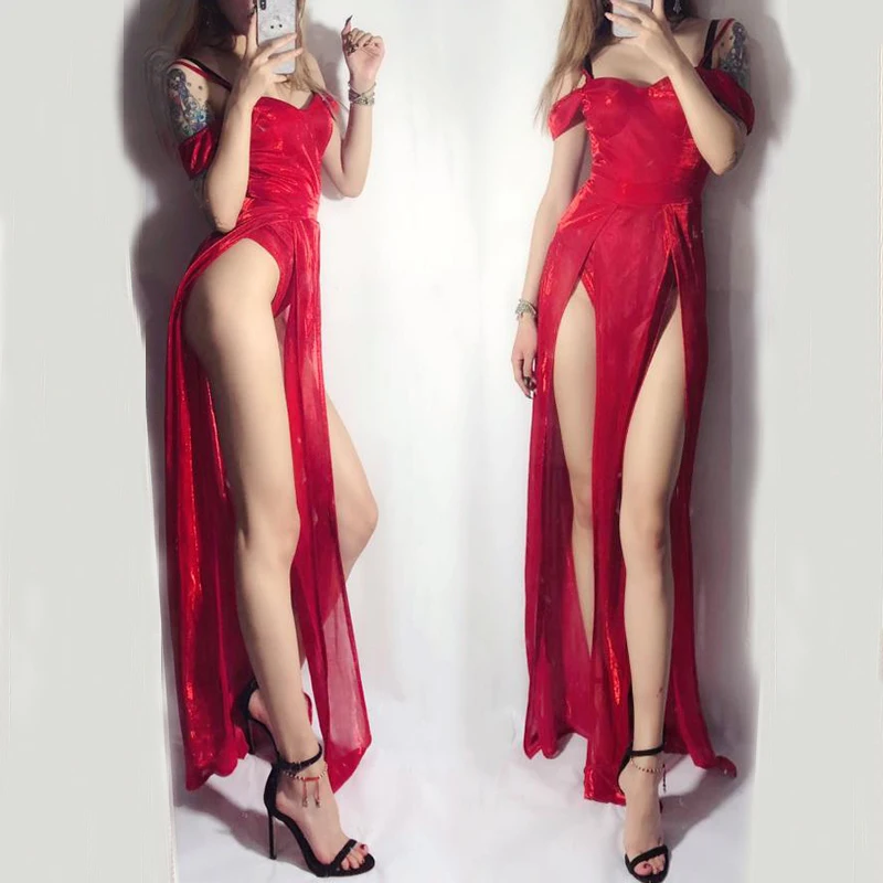 Женское сексуальное красное сценическое платье для певцов, высокая разделяющая одежда для ночного клуба, DJ DS Gogo, одежда для выступлений на шесте DC1512
