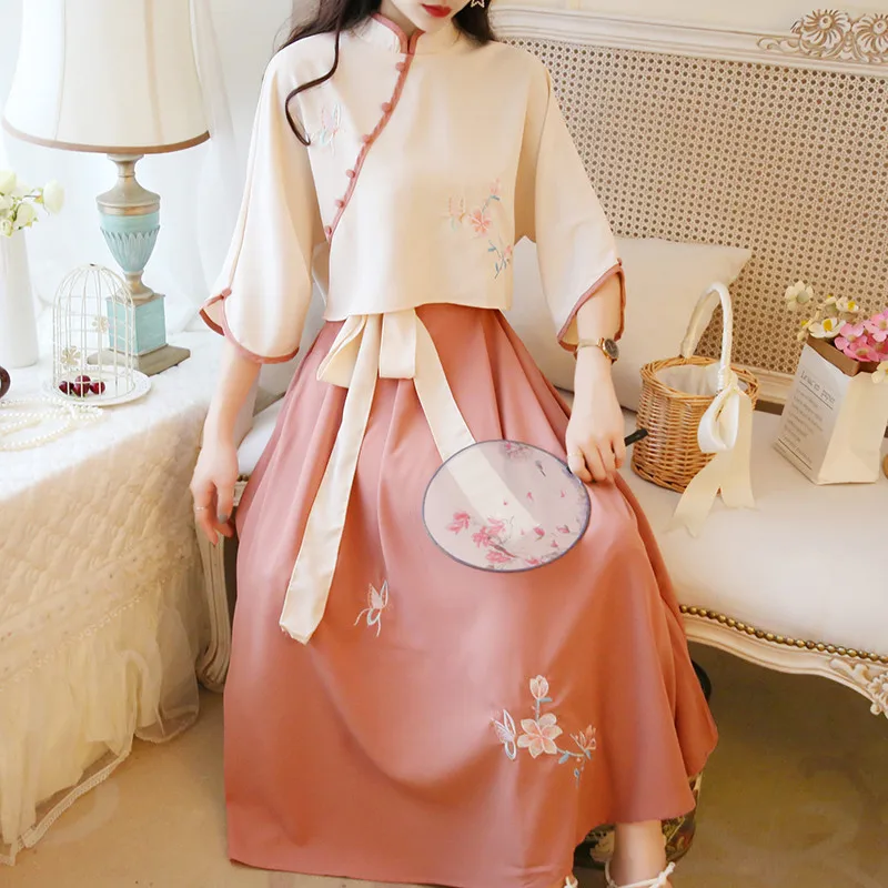 Цветочной вышивкой китайский Hanfu одежда супер фея из двух частей Улучшенный