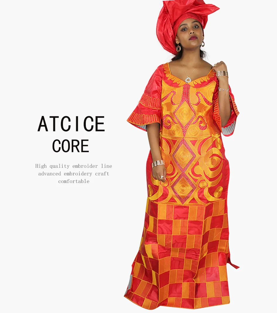 African Dresses For Woman Bazin Riche Computer Emboridery Plus Size Long Dress With Scarf A023 african robe