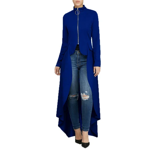 Туника макси на молнии женские свободные блузки осенние стильные элегантные с длинным рукавом высокая низкая туника топ Женская блузка размера плюс AM0285 - Цвет: Blue Tunic