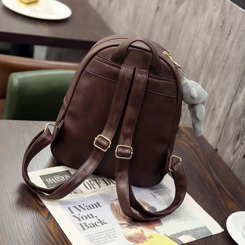 New Arrival 3pcsset Small Bear Pendant Girls Schoolbag PU Tassel Women Backpack Double Zipper Women Bag Vintage Backpack Bag (19)