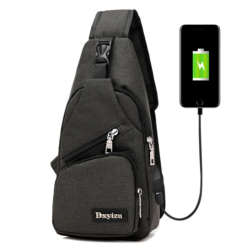

J&Q store new arrival USB men's chest pack portable charging bag Multi Pocket leisure satchel canvas travel chest bag