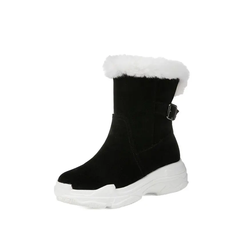 Lady Jane Wedges Heels Platform Snow Boots Buckle Round Toe Med Heels Mid Calf Boots Slip On Plus Size 34-45 Winter Shoes Women