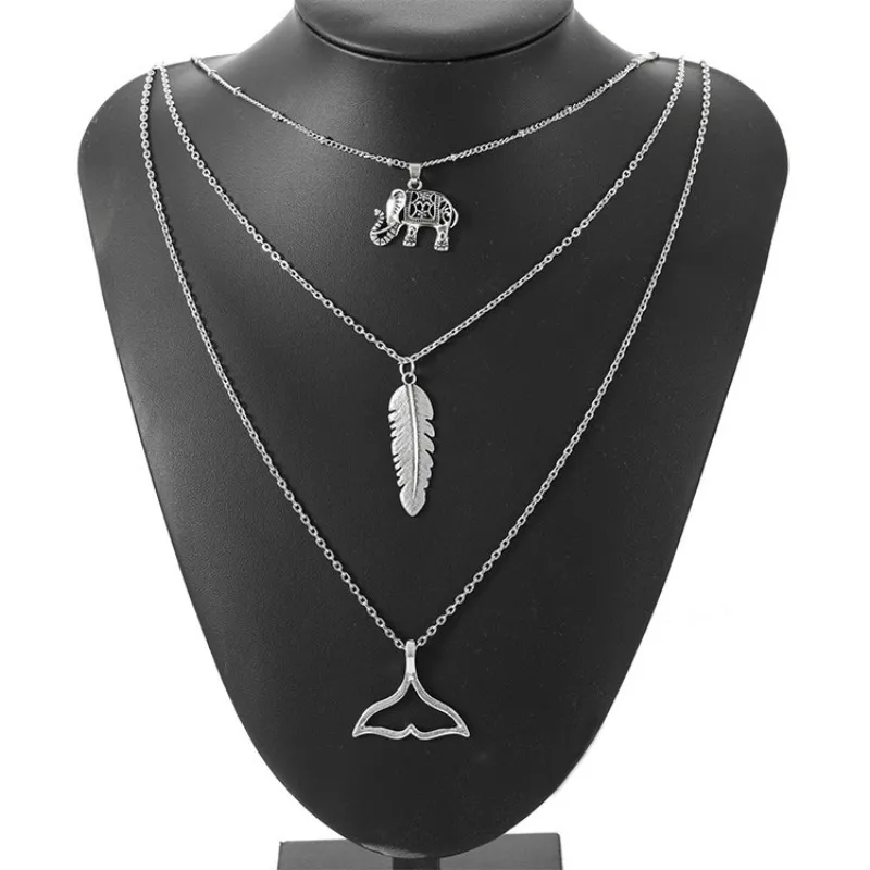 

2018 new bohemian elephant feather fishtail three-layer alloy necklace wholesale Necklaces & Pendants