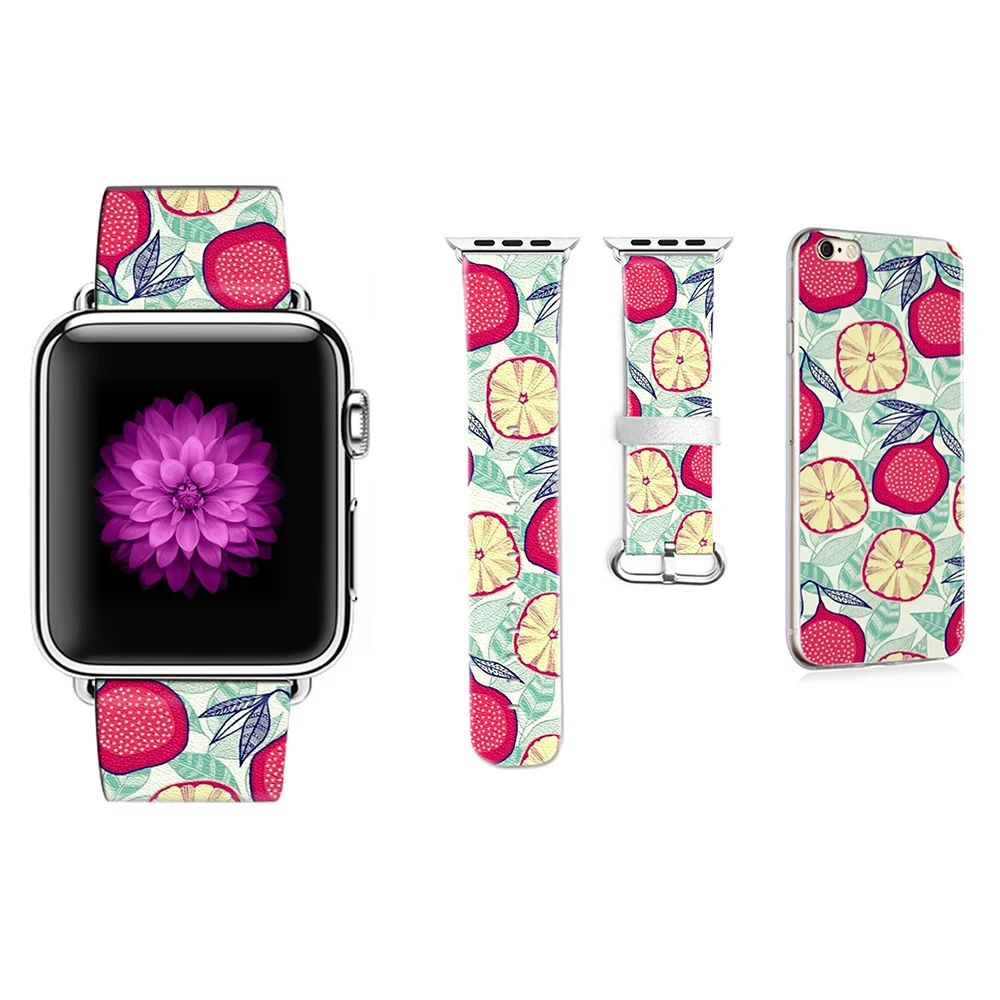

2018 New Fruit Pattern DIY Genuine Leather Strap for Apple Watch Band 38mm 42mm for Iwatch Series 1 2 3 Gift for IPhone Case
