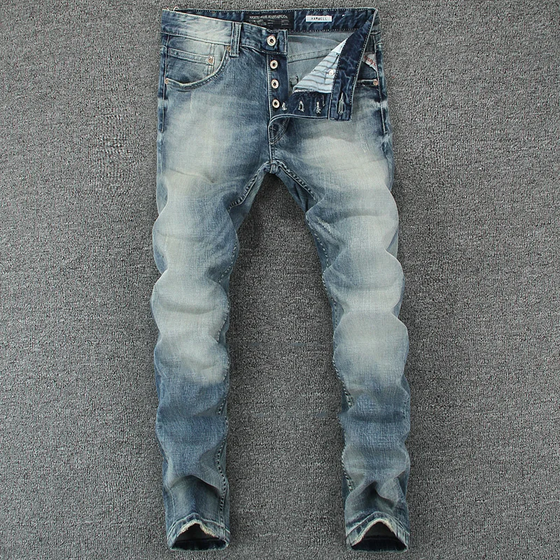 Итальянские дизайнерские мужские джинсы высокого качества, узкие брюки на пуговицах синего цвета, классические джинсы стрейч, Брендовые мужские джинсы