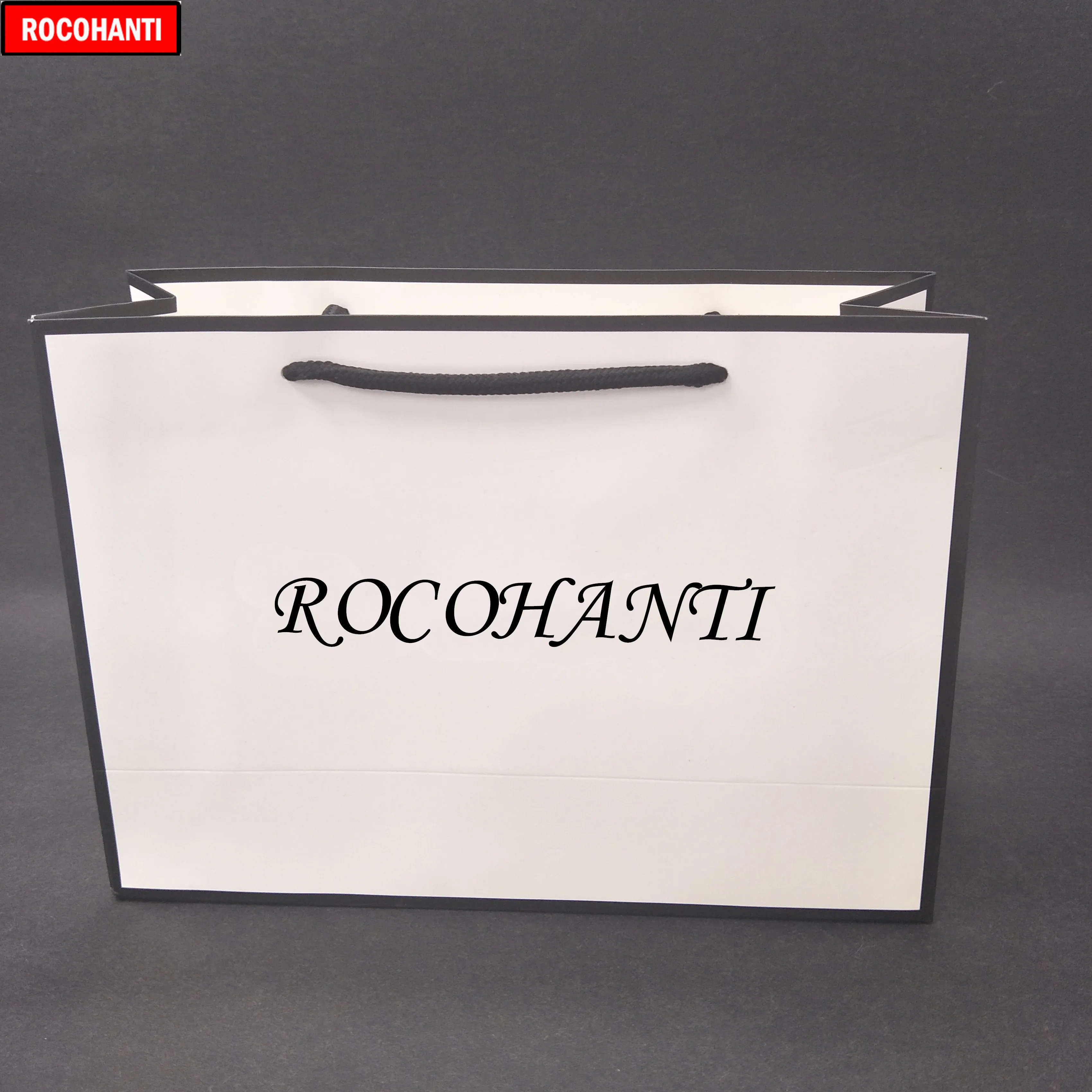 

100x White Paper Black String Handled Paper Bag , Thick 250G Cardboard , Custom Printed Reusable Foldable Shopping Carrying Bag