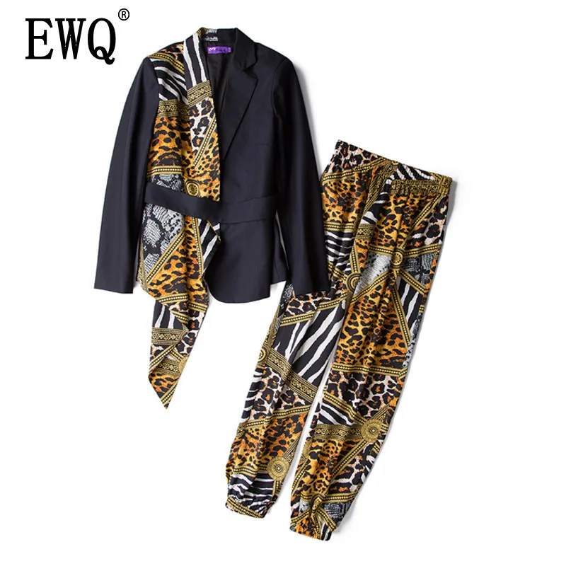 

[EWQ] 2019 Spring Autumn New Pattern V-collar Long Sleeve Hit Colors Leopard Patchwork Two Piece Set Women Suit Women AG74409