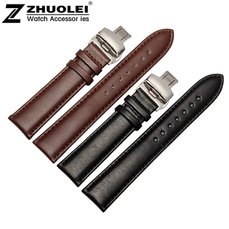 

20mm for men's Black Brown Soft Genuine Leather Watch Band Strap High polished Silver Butterfly Stainless Steel Clasp Buckle