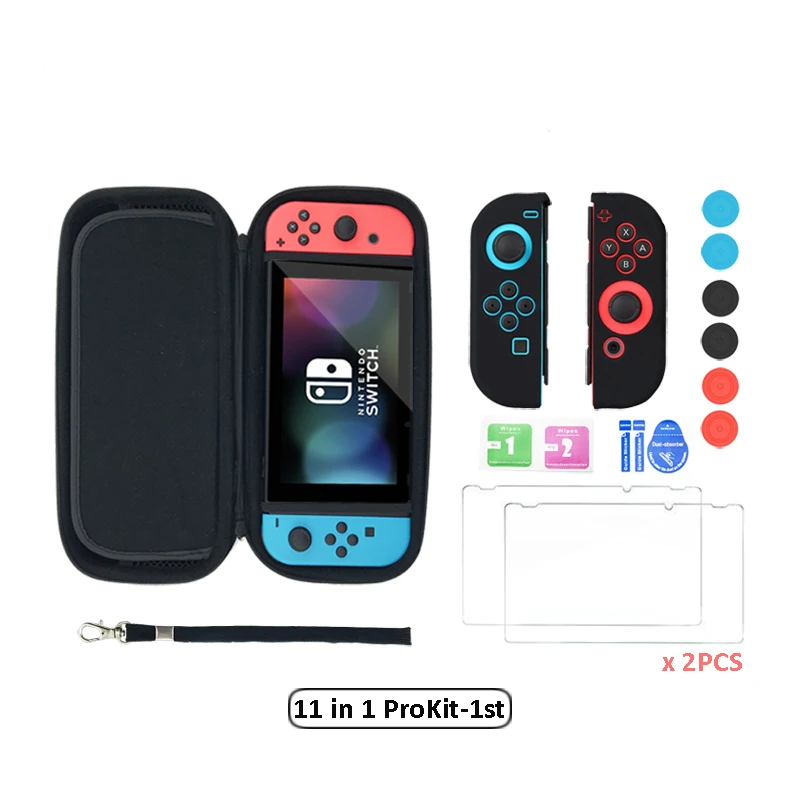 12 in 1 HD Tempered Glass Screen Protector for Nintend Switch +Carry Case Cover For NS Storage Bag With 6pcs Silicone Caps