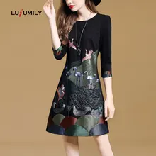 Lusumily, платье размера плюс, 3XL, с вышивкой, элегантное, с принтом, винтажное платье, женское, черное, половина рукава, Ретро стиль, халат, Feminino Vestidos