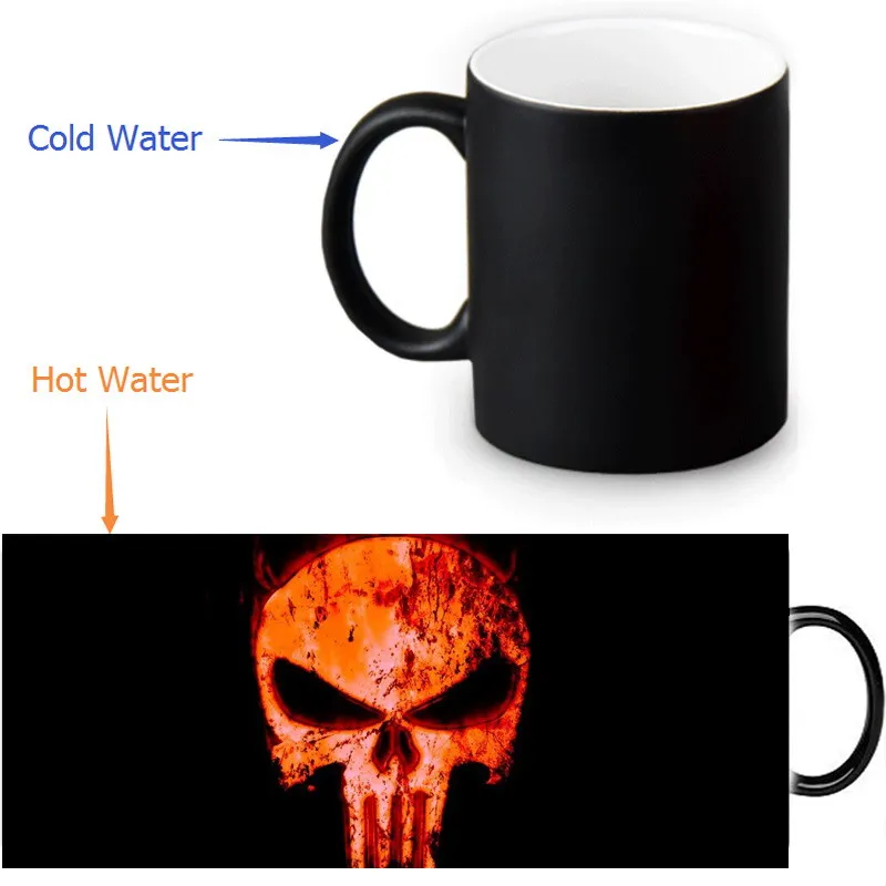 

Custom Coffee Morphing Mugs Punisher Skull Heat Sensitive Tea Milk Cup Black Color Changing Magic Ceramic Mug 350ml/12oz