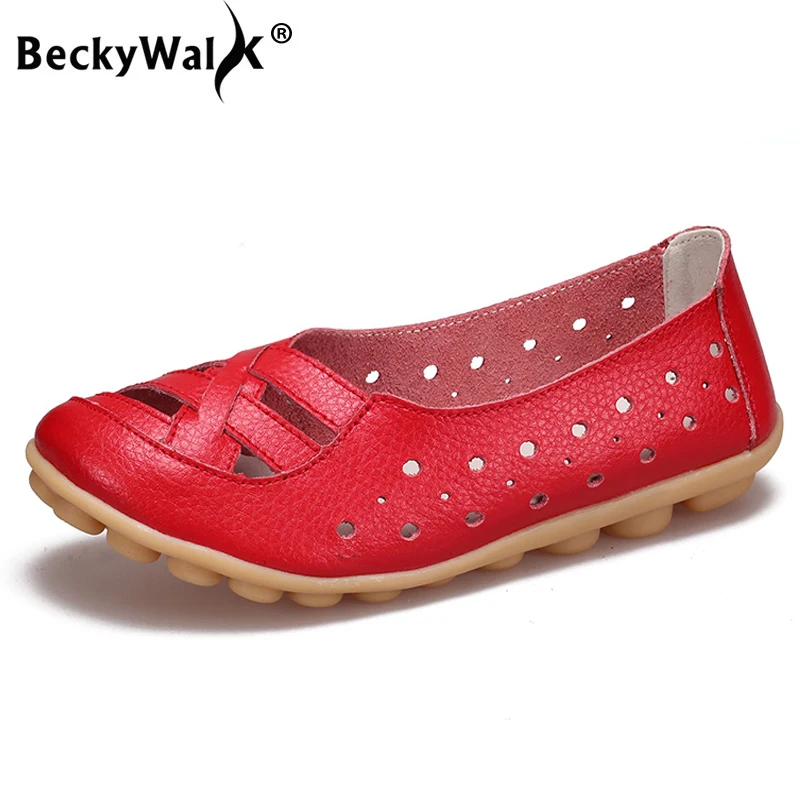 

BeckyWalk Hollow Summer Flat Shoes Woman Genuine Leather Women Flats Moccasins Soft Mother Shoes Leather Sandals Women WSH2688