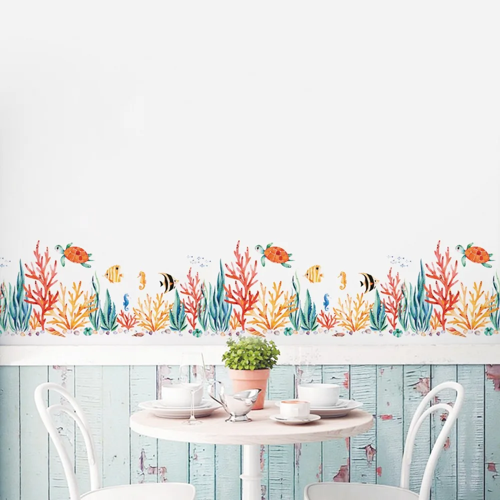 

Colorful Underwater Biological Baseboard Wall Stickers Coral Water Grass Fish Turtle Bedroom Living Room Removable Decor decals