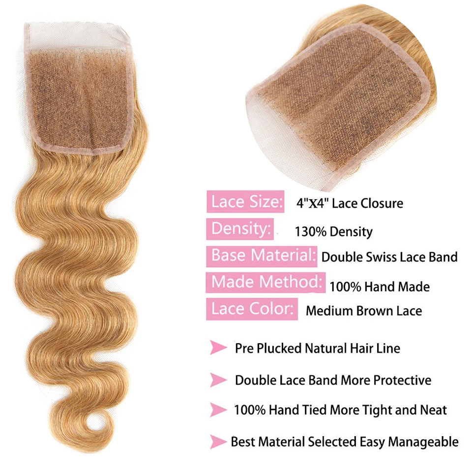 HairUGo медовые светлые пучки с закрытием#27 малайзийские волосы плетение волнистые человеческие волосы пучки с закрытием волос плетение