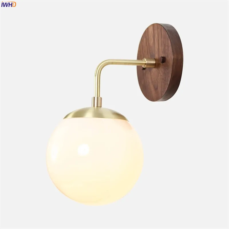 

IWHD Nordic Modern Glass Ball Wall Light Fixtures Bedroom Bathroom Mirror Beside Wood Copper Wall Lamp Sconces LED Wandlamp