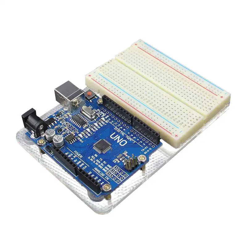 

Uno R3 With Acrylic Base Plate And 400 Pin Breadboard Usb Cable