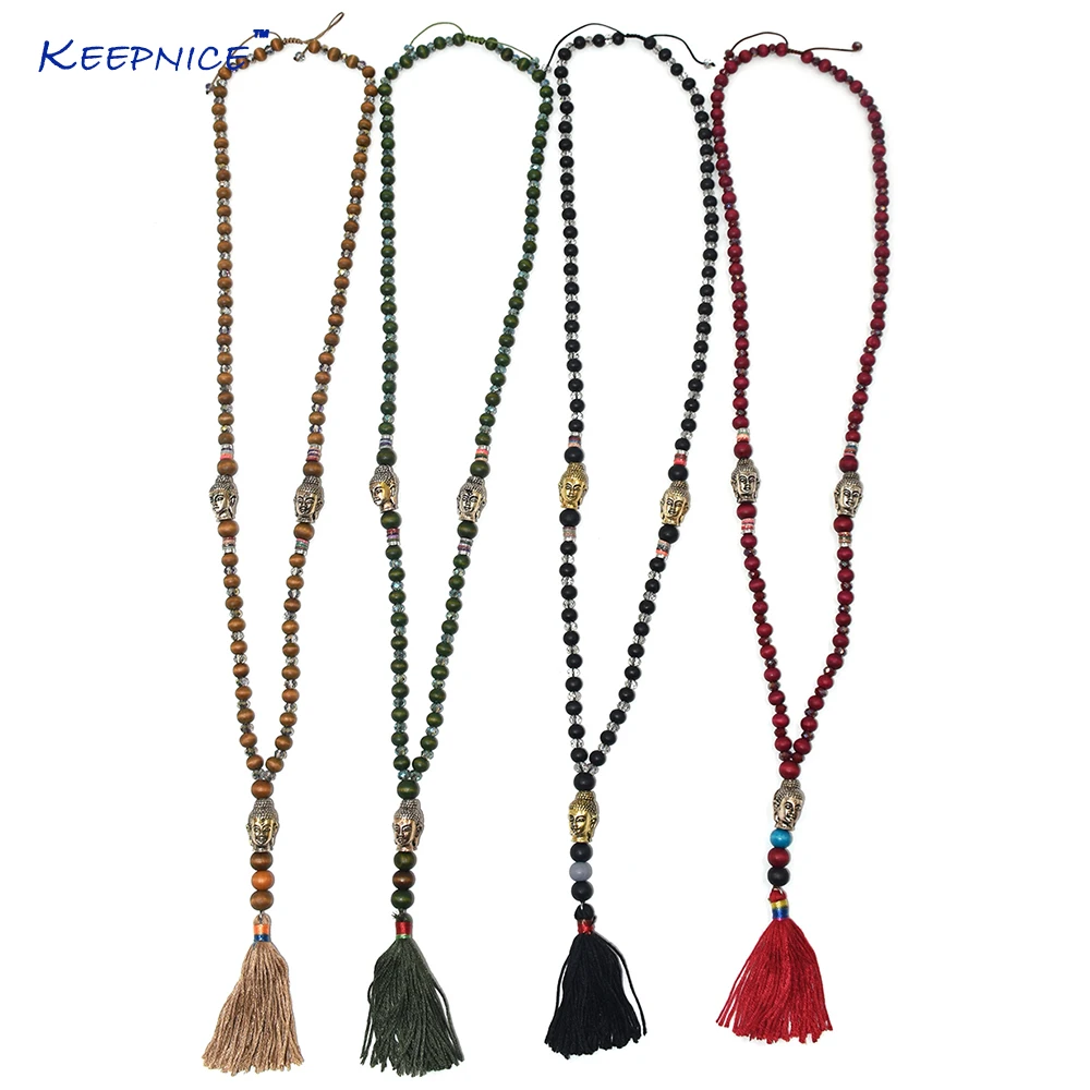 Handmade Vintage Rosary Crystal Beads Chian Necklace Tassel Buddha