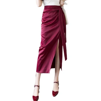 

2019 Summer New Women Skirt Solid Color High Waist Sexy Fashion Irregular Split Lace Up Mid-length Female Skirt Ladies