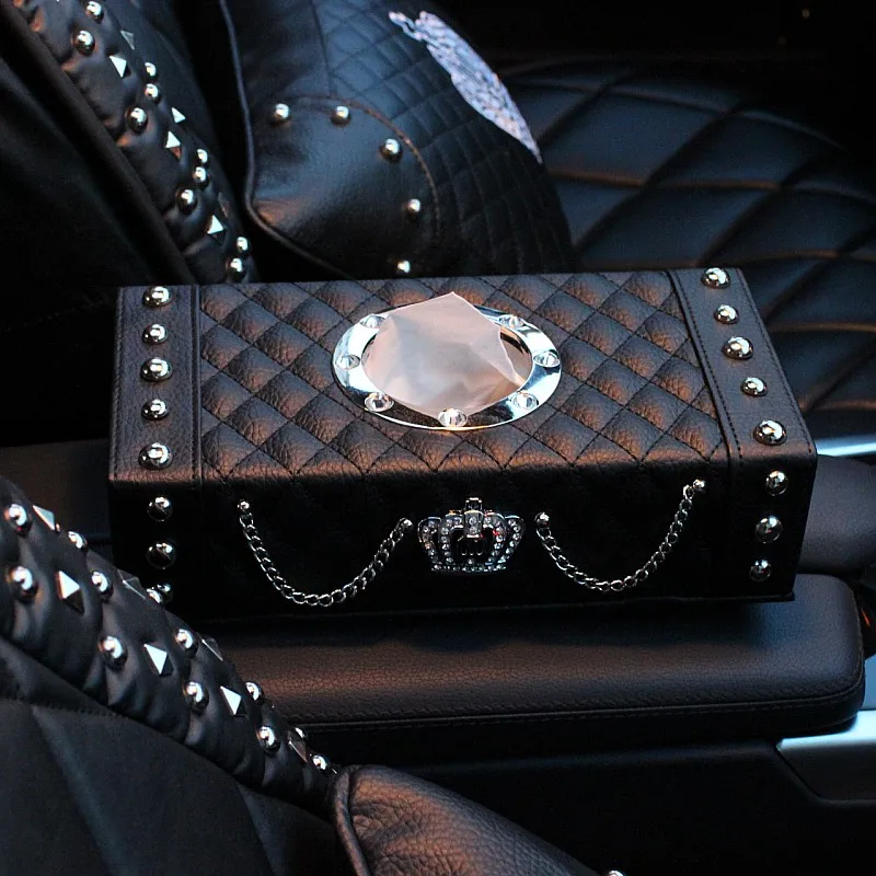 

Luxury Rivets Crown Cow Leather Car Tissue Paper Box Holder Crystal Car Tissue Boxes Case Auto Interior Accessories - Black