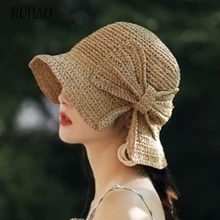 RUHAO Women Summer Beach Elegant Sun Hat Floppy Brim Foldable Panama Chapeau Femme Wide Brim Bowknot Straw visors hat curly brim pompon bowknot embellished pillbox hat