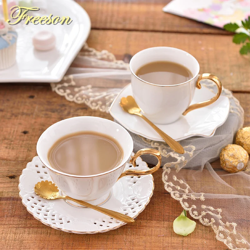 

British White Bone China Coffee Cup Saucer Spoon Set 200ml Concise Ceramic Teacup Europe Porcelain Tea Cup Cafe Drinkware